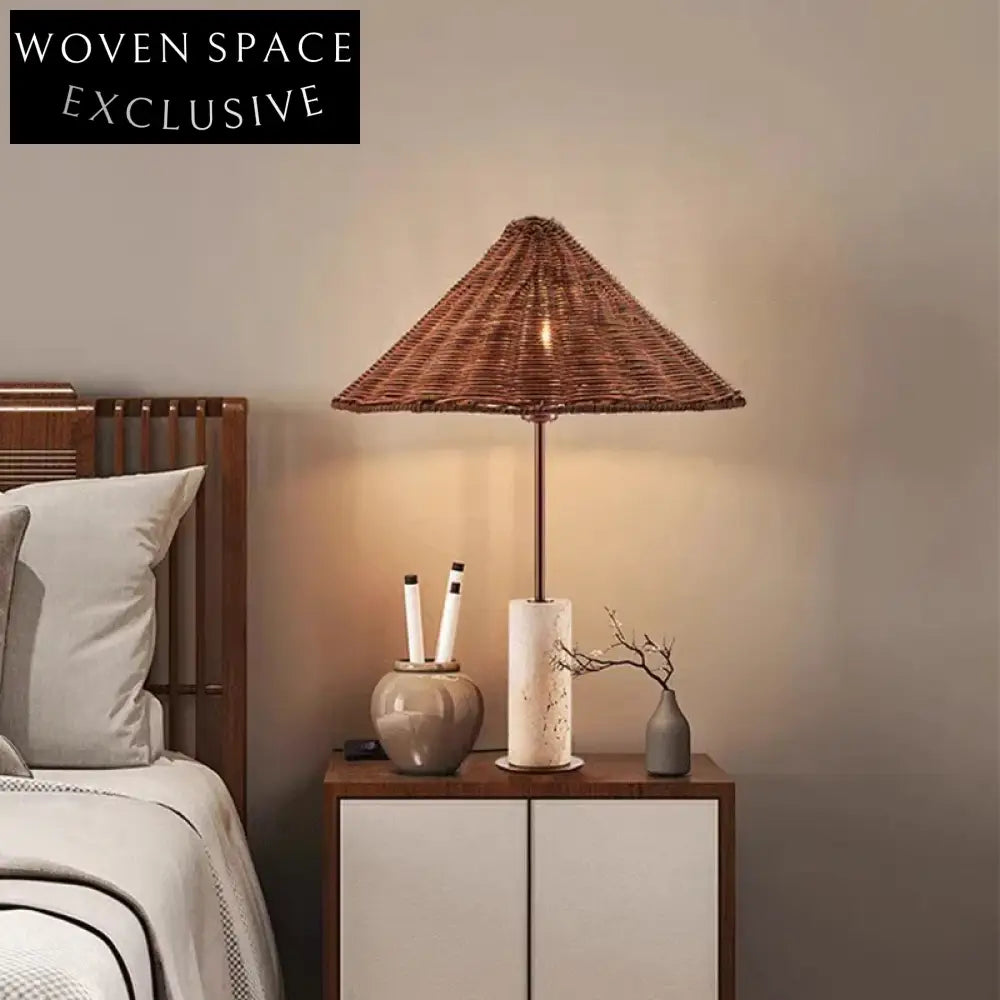 Modern Hand-Woven Rattan Bedside Table Lamp with Travertine Base