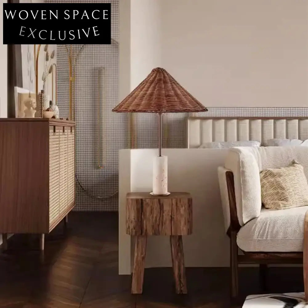 Modern Hand-Woven Rattan Bedside Table Lamp with Travertine Base