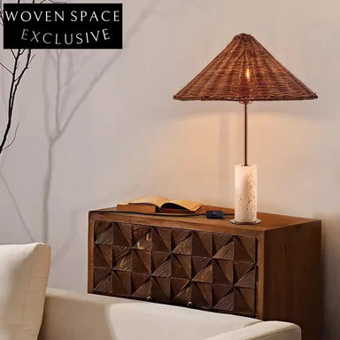 Modern Hand-Woven Rattan Bedside Table Lamp with Travertine Base