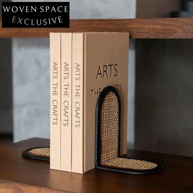 Modern Handmade Metal Rattan Weave Bookends for Living Room Decor & Desktop Display