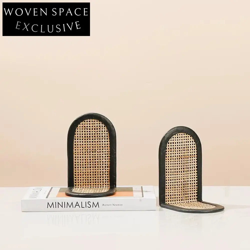 Modern Handmade Metal Rattan Weave Bookends for Living Room Decor & Desktop Display
