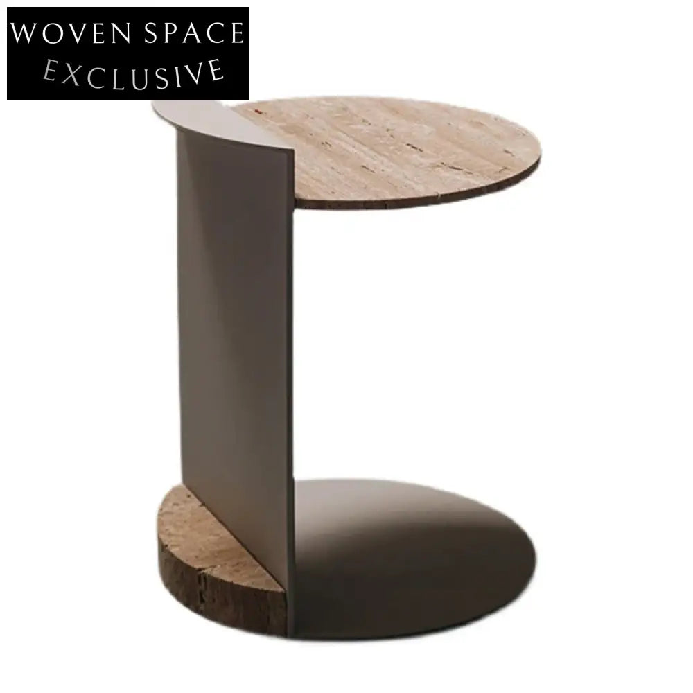 Modern Indoor Living Room Natural Travertine Round Coffee Table Metal Base