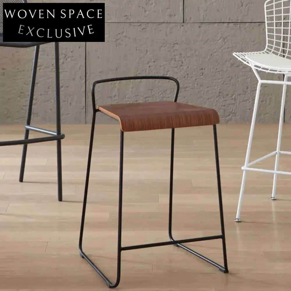 Modern Industrial Metal Frame Plywood Seat High Bar Stool for Kitchen & Cafe