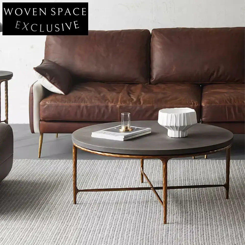 Modern Industrial Round Cement Coffee Table Set with Metal Base