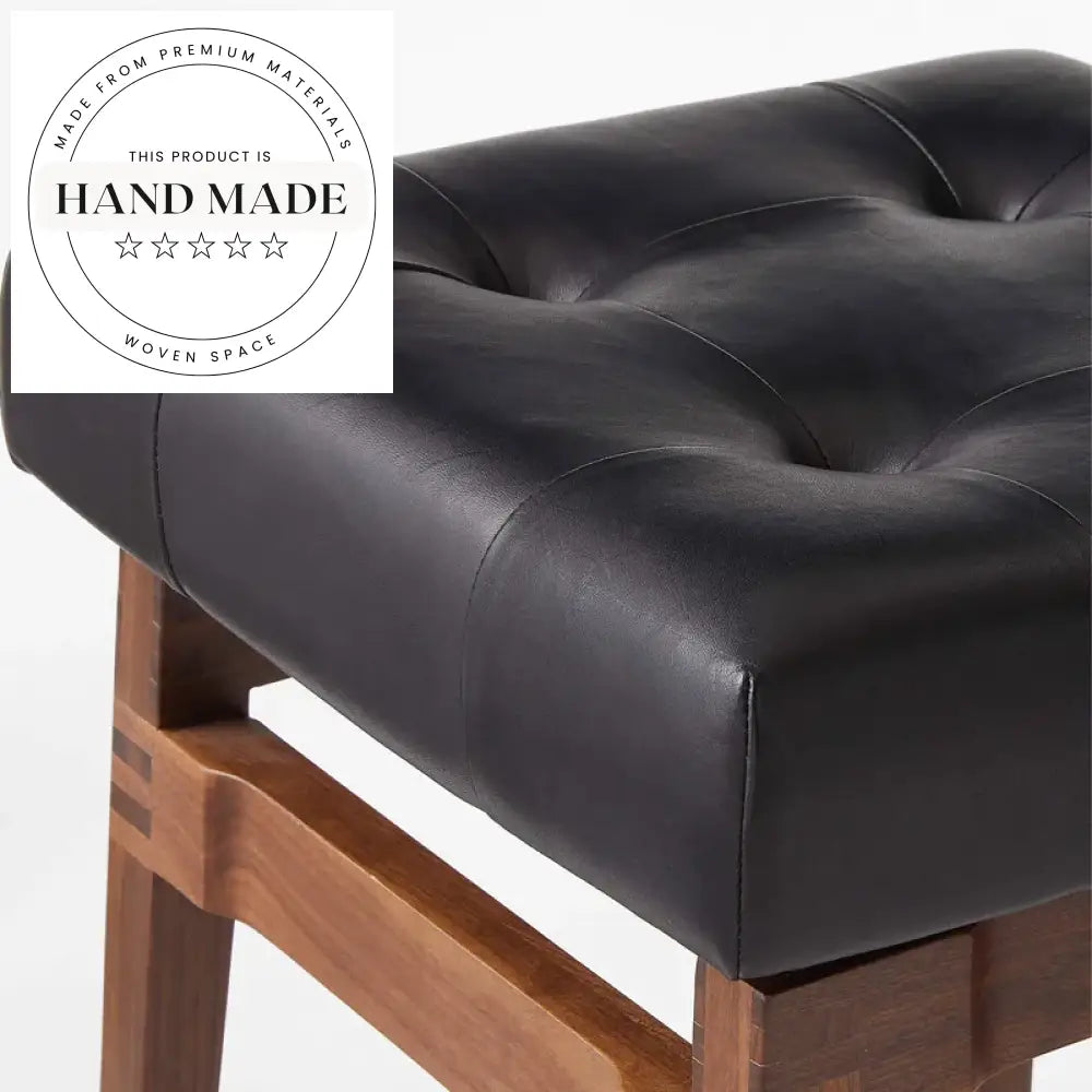 Modern Industrial Solid Wood Bar Stool with Black Leather Seat