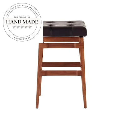 Modern Industrial Solid Wood Bar Stool with Black Leather Seat