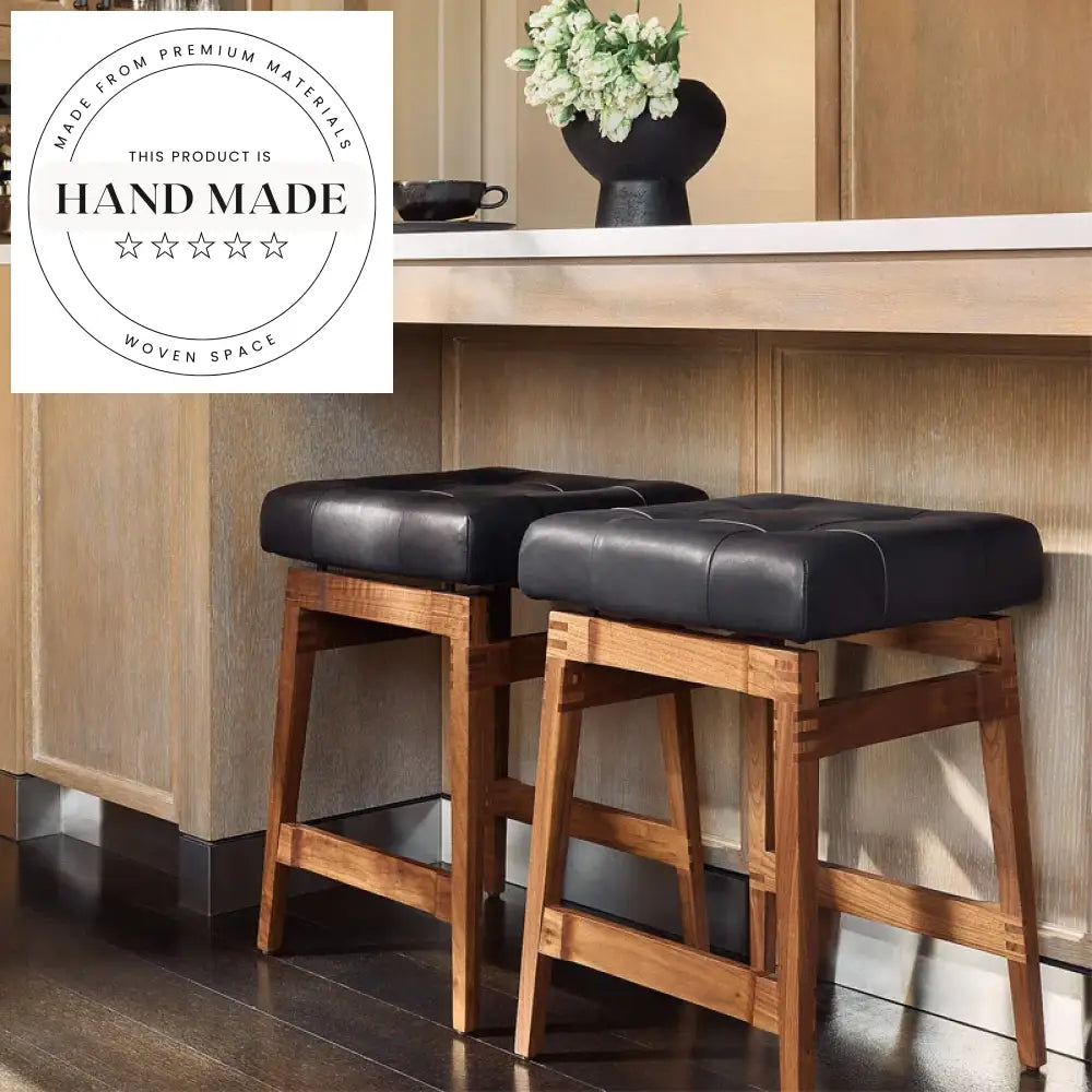 Modern Industrial Solid Wood Bar Stool with Black Leather Seat