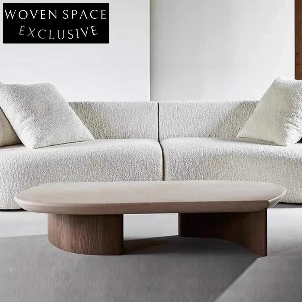 Modern Industrial Travertine Stone Solid Wood Base Oval Coffee Table
