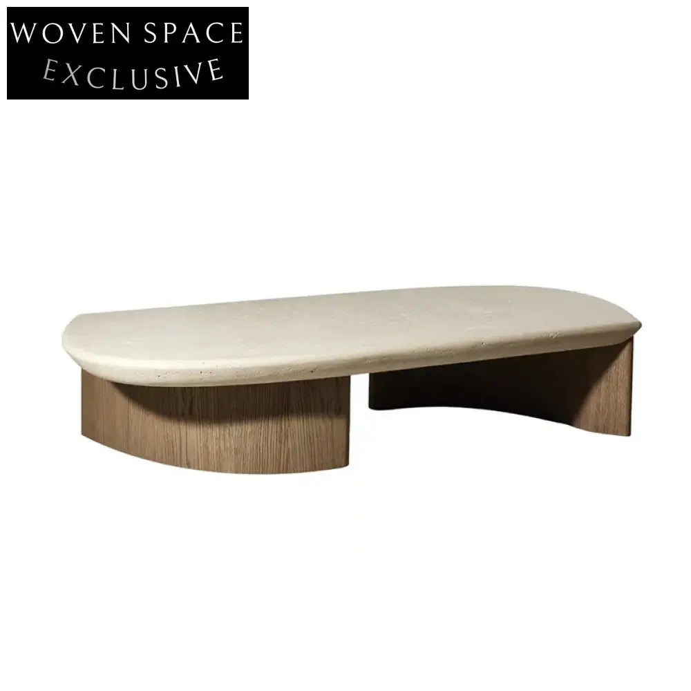 Modern Industrial Travertine Stone Solid Wood Base Oval Coffee Table