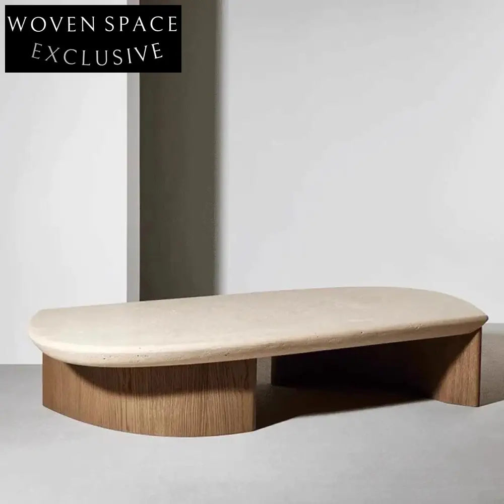 Modern Industrial Travertine Stone Solid Wood Base Oval Coffee Table