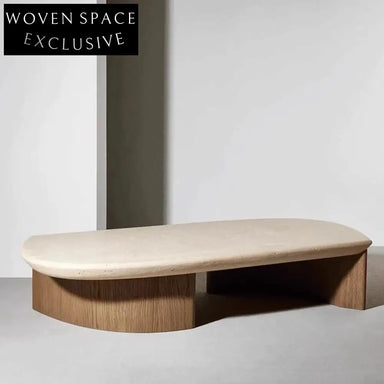 Modern Industrial Travertine Stone Solid Wood Base Oval Coffee Table