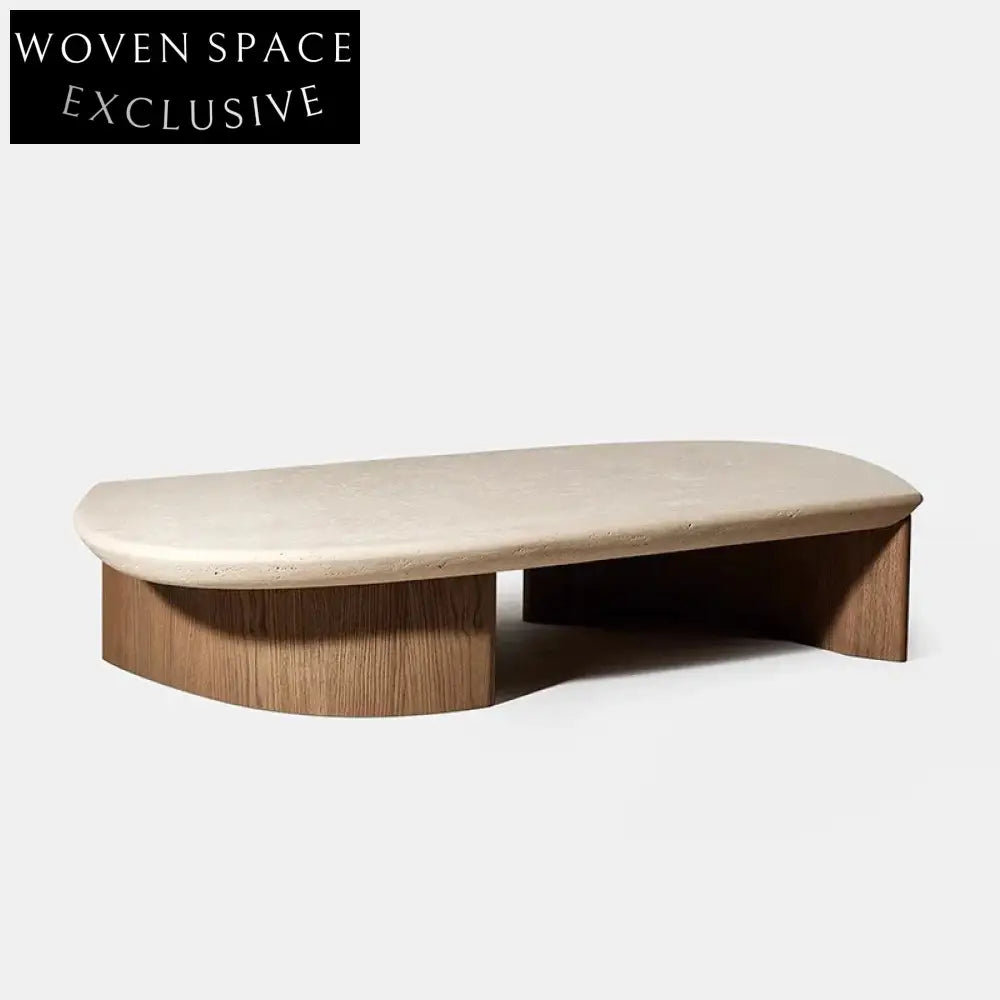 Modern Industrial Travertine Stone Solid Wood Base Oval Coffee Table