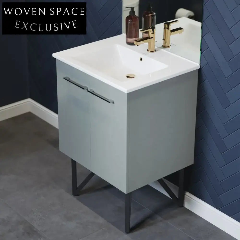 Modern Iron Frame Bathroom Vanity, Wooden Drawer Cabinet with Mirror & Legs
