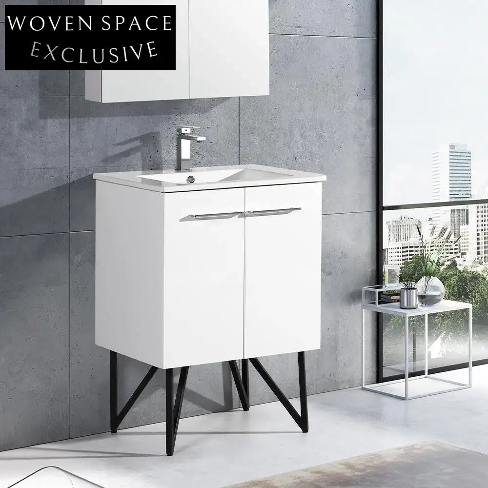 Modern Iron Frame Bathroom Vanity, Wooden Drawer Cabinet with Mirror & Legs