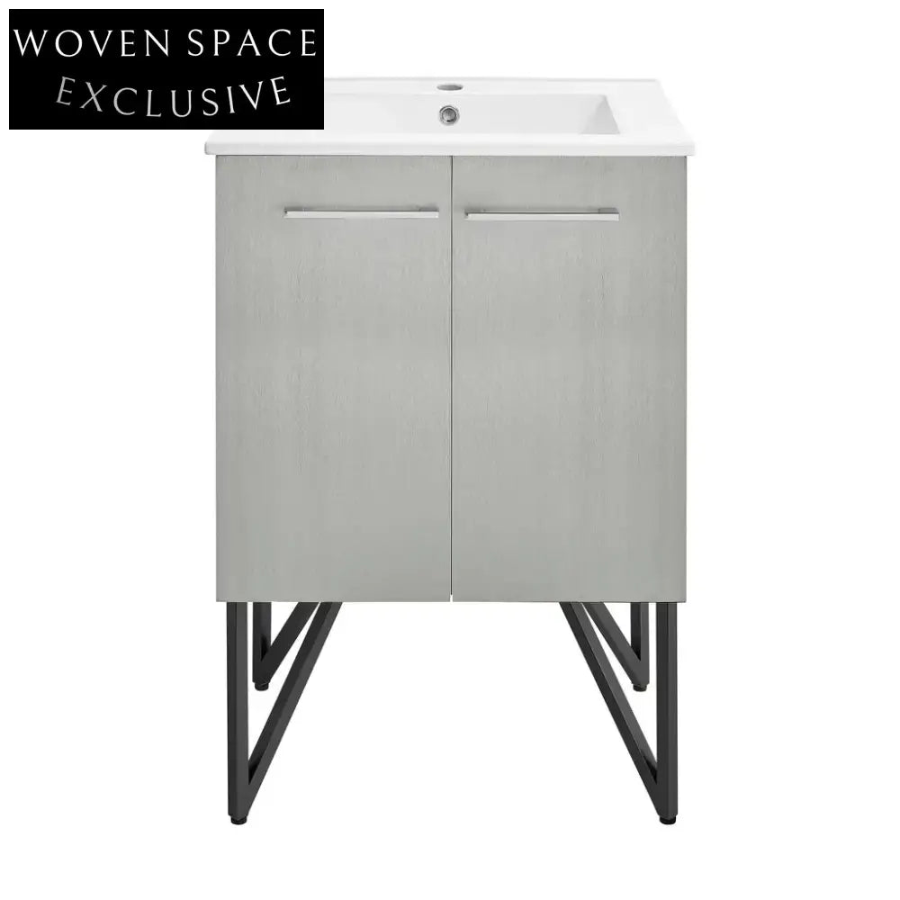 Modern Iron Frame Bathroom Vanity, Wooden Drawer Cabinet with Mirror & Legs