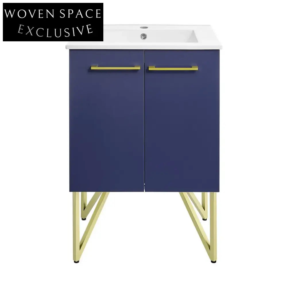 Modern Iron Frame Bathroom Vanity, Wooden Drawer Cabinet with Mirror & Legs