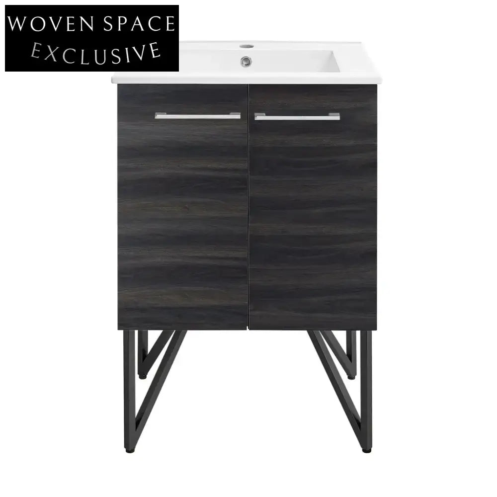 Modern Iron Frame Bathroom Vanity, Wooden Drawer Cabinet with Mirror & Legs