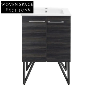 Modern Iron Frame Bathroom Vanity, Wooden Drawer Cabinet with Mirror & Legs