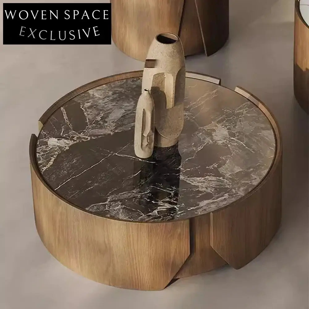 Modern Italian Design Round Coffee Table Set - Marble Top, Wood Base