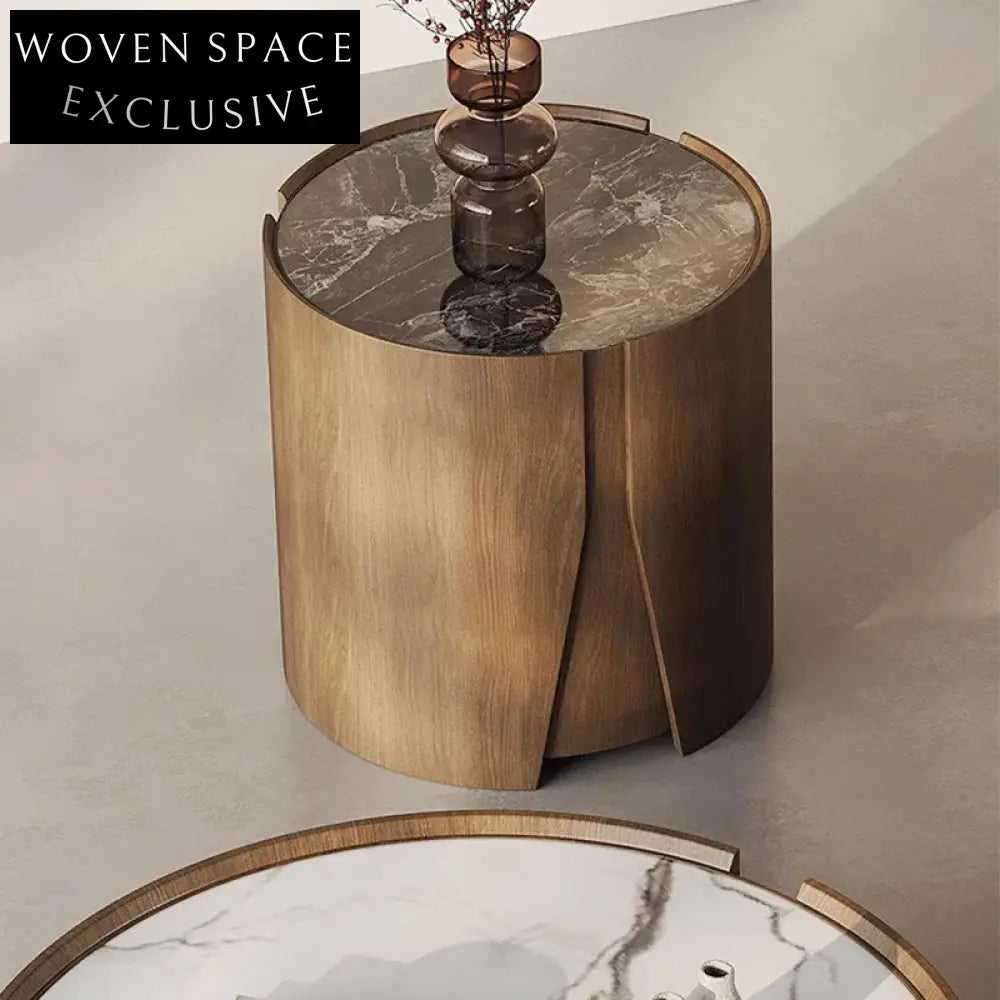 Modern Italian Design Round Coffee Table Set - Marble Top, Wood Base