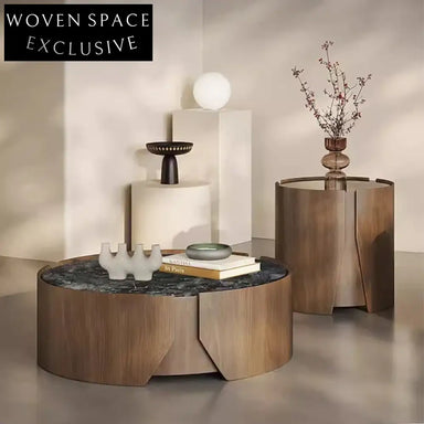 Modern Italian Design Round Coffee Table Set - Marble Top, Wood Base