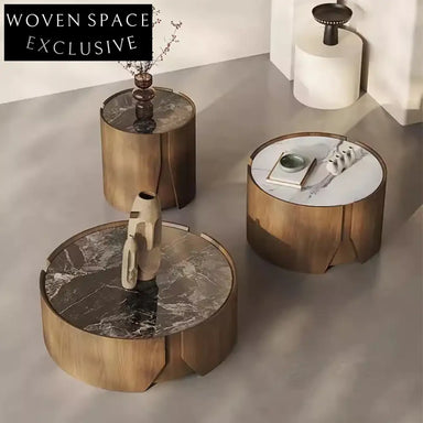 Modern Italian Design Round Coffee Table Set - Marble Top, Wood Base
