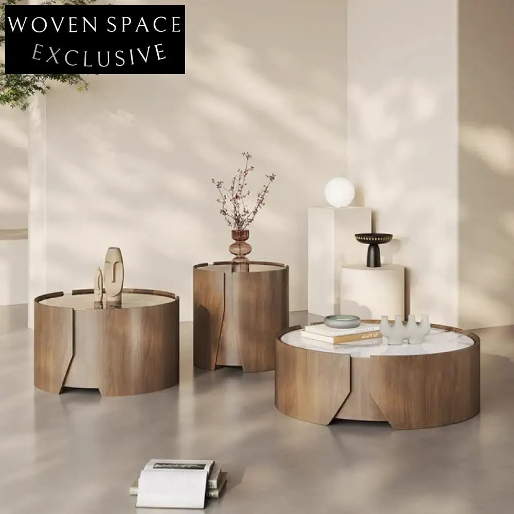 Modern Italian Design Round Coffee Table Set - Marble Top, Wood Base