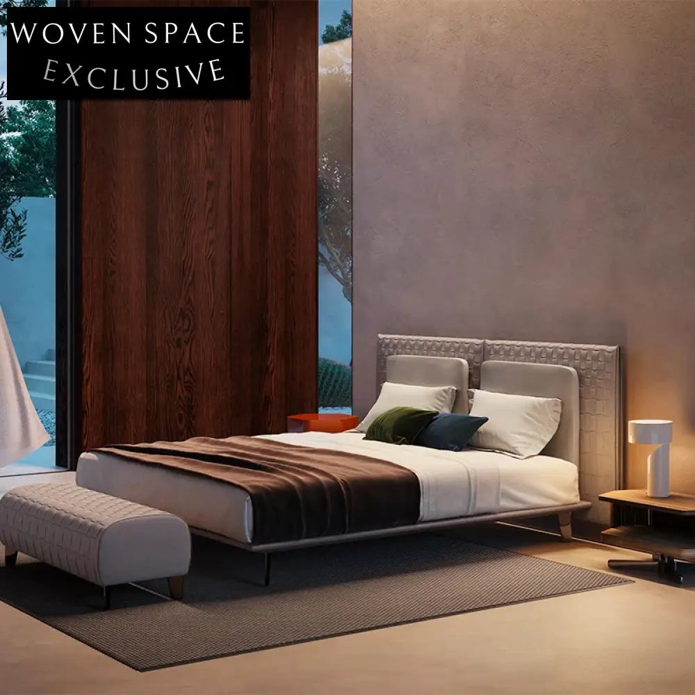 Modern Italian King Queen Size Leather Bed Frame Plush Fabric Headboard Soft Bed