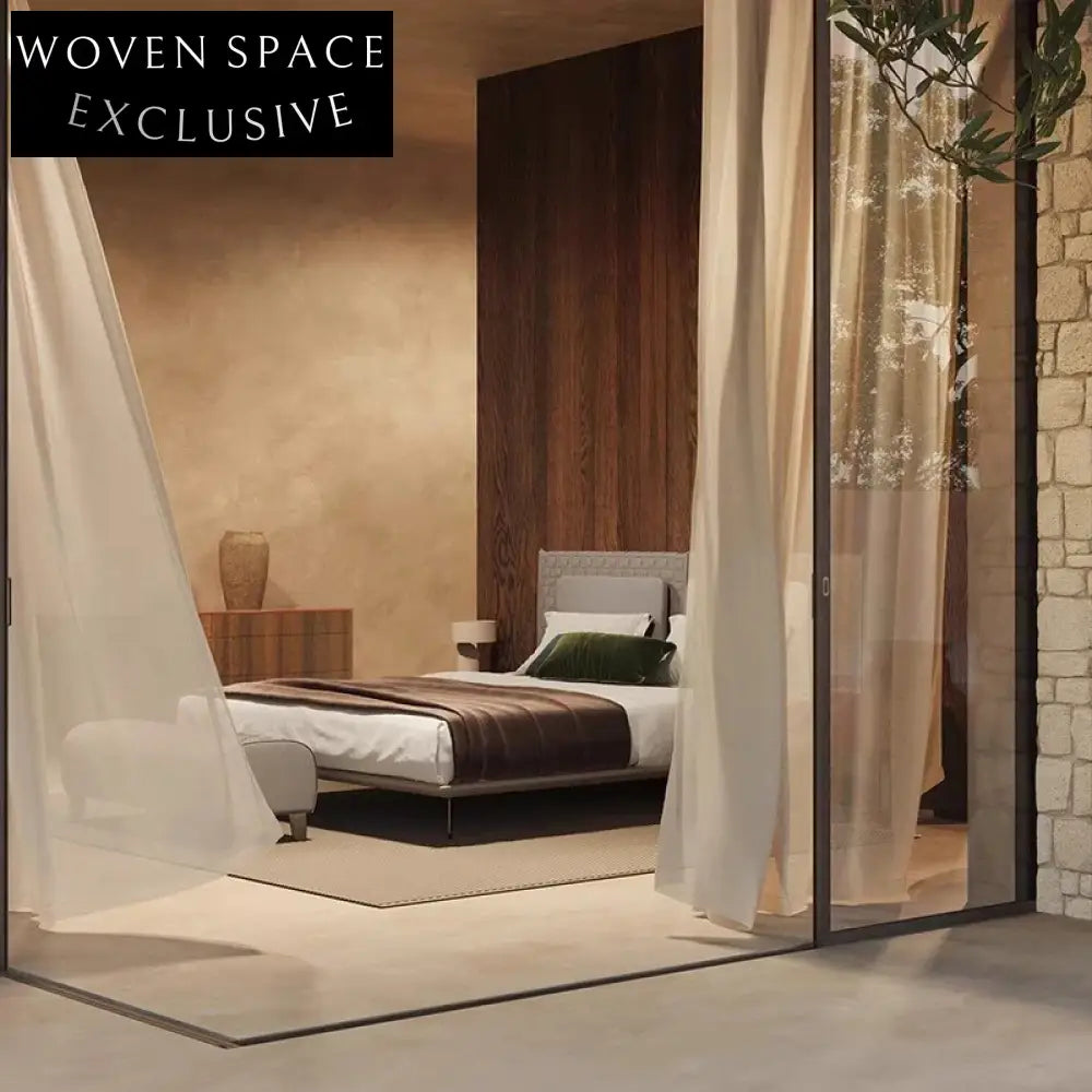 Modern Italian King Queen Size Leather Bed Frame Plush Fabric Headboard Soft Bed