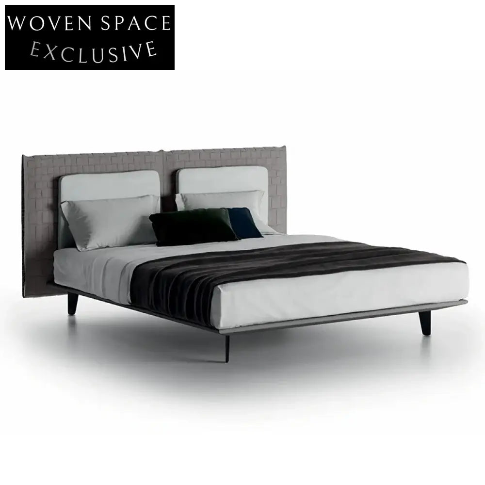 Modern Italian King Queen Size Leather Bed Frame Plush Fabric Headboard Soft Bed