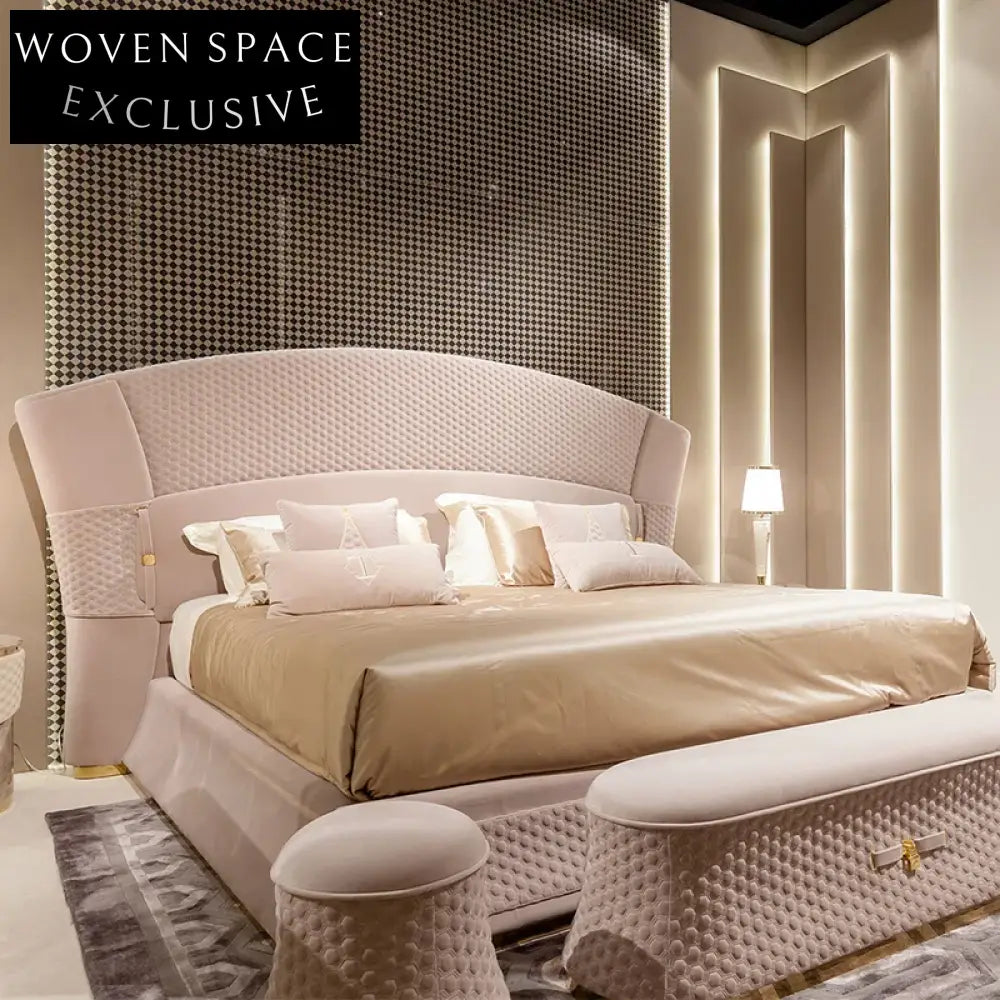 Modern Italian King Size Upholstered Bed Frame with Luxurious Velvet Headboard