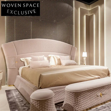 Modern Italian King Size Upholstered Bed Frame with Luxurious Velvet Headboard