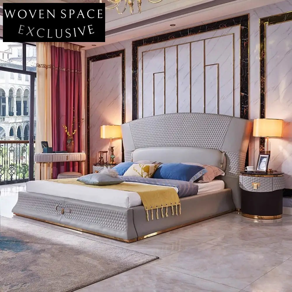 Modern Italian King Size Upholstered Bed Frame with Luxurious Velvet Headboard