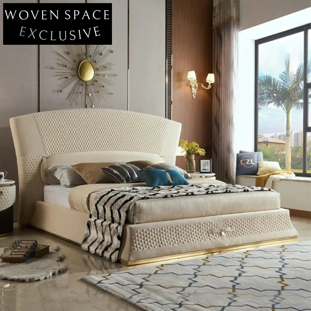 Modern Italian King Size Upholstered Bed Frame with Luxurious Velvet Headboard