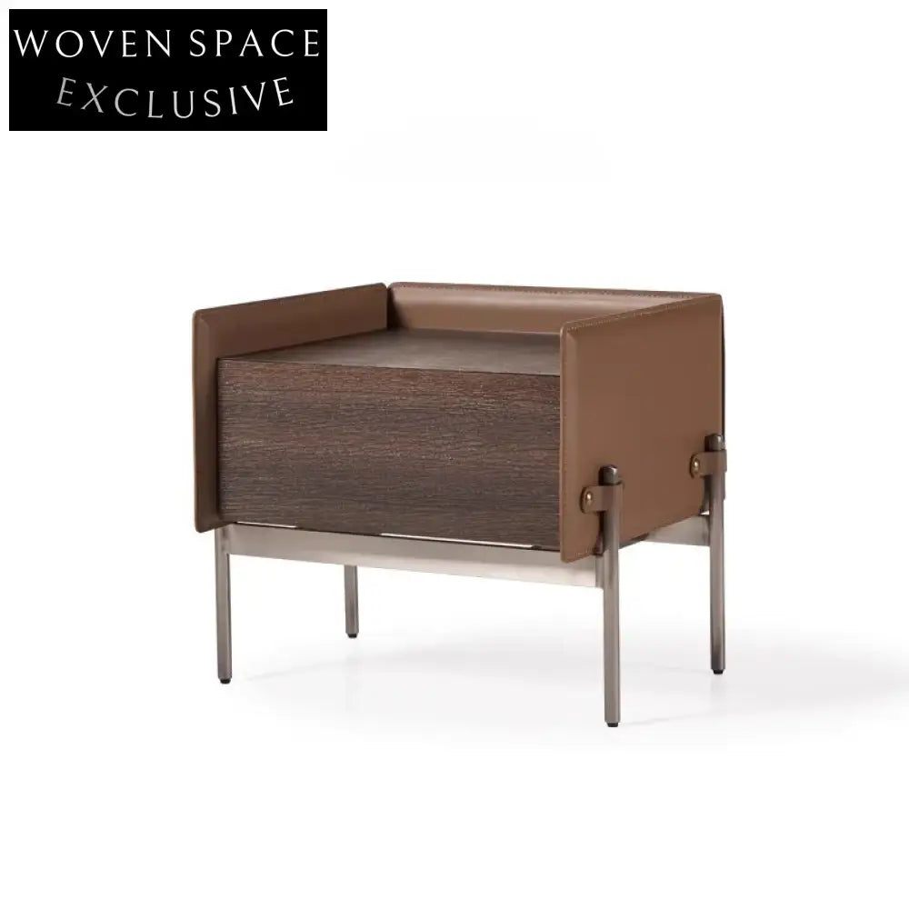 Modern Italian Luxury Bedside Table with Stainless Steel & Leather Accents
