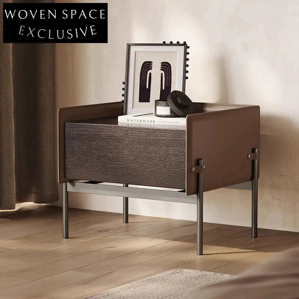 Modern Italian Luxury Bedside Table with Stainless Steel & Leather Accents