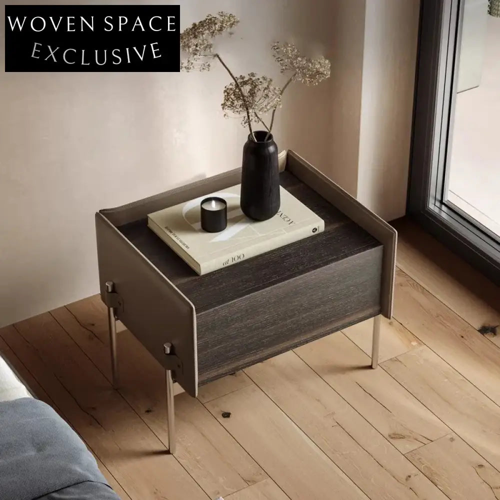 Modern Italian Luxury Bedside Table with Stainless Steel & Leather Accents