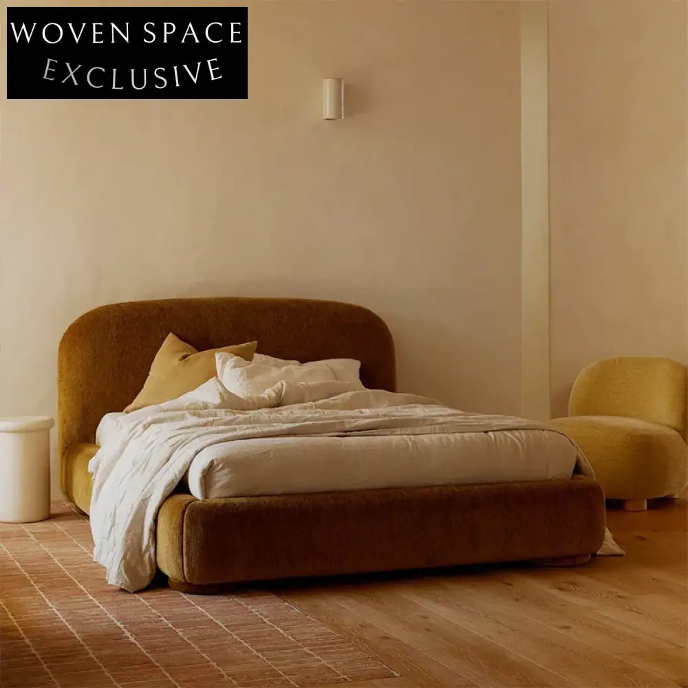 Modern Italian Minimalist King Bed, Fabric Tufted Headboard, Durable Wooden Frame