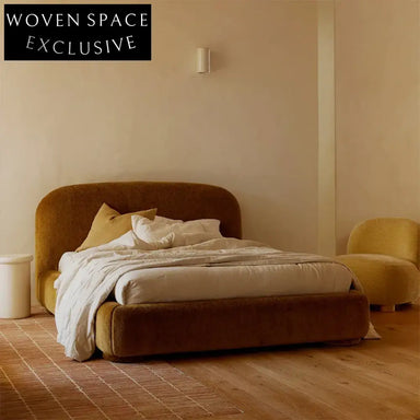 Modern Italian Minimalist King Bed, Fabric Tufted Headboard, Durable Wooden Frame