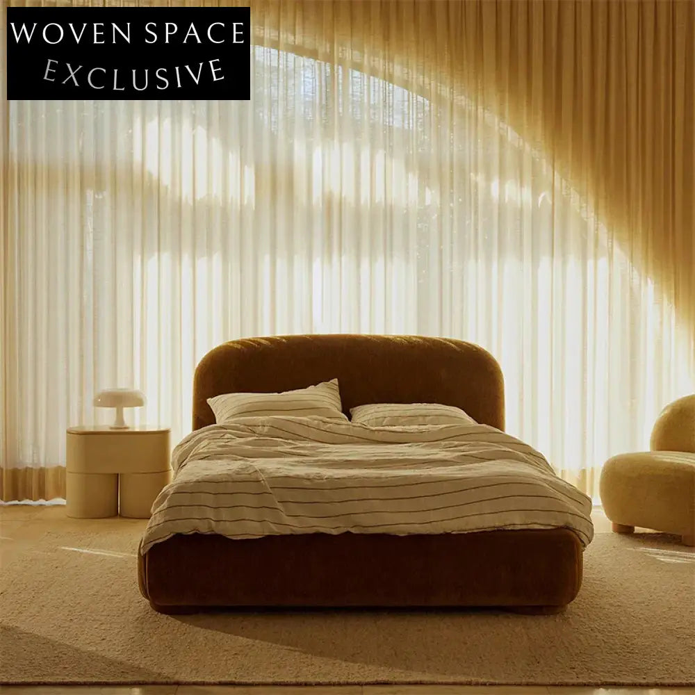 Modern Italian Minimalist King Bed, Fabric Tufted Headboard, Durable Wooden Frame
