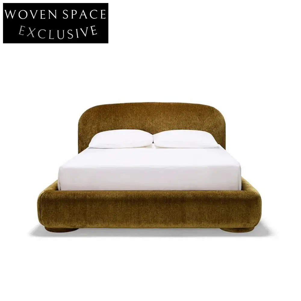 Modern Italian Minimalist King Bed, Fabric Tufted Headboard, Durable Wooden Frame