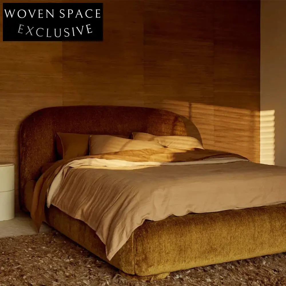 Modern Italian Minimalist King Bed, Fabric Tufted Headboard, Durable Wooden Frame