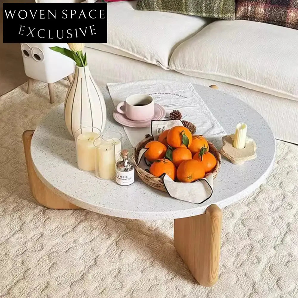 Modern Italian Minimalist Terrazzo Top Oak Wood Living Room Coffee Table
