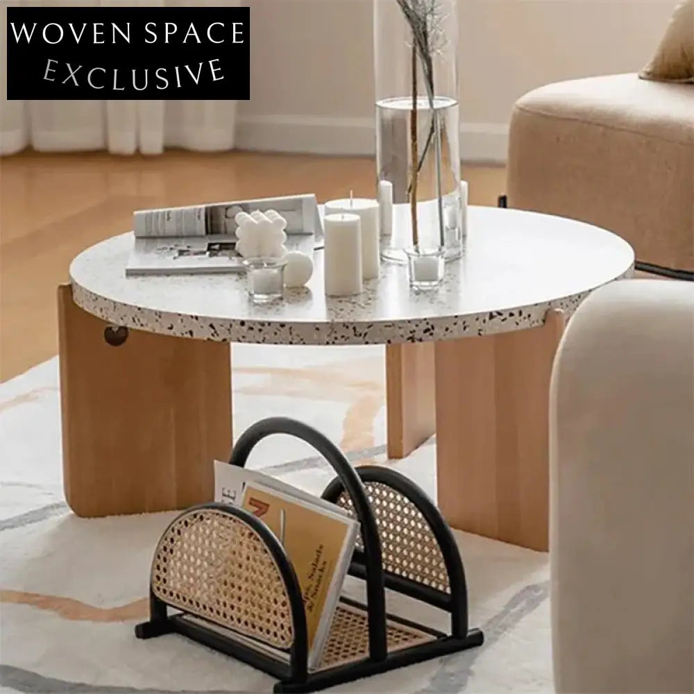 Modern Italian Minimalist Terrazzo Top Oak Wood Living Room Coffee Table