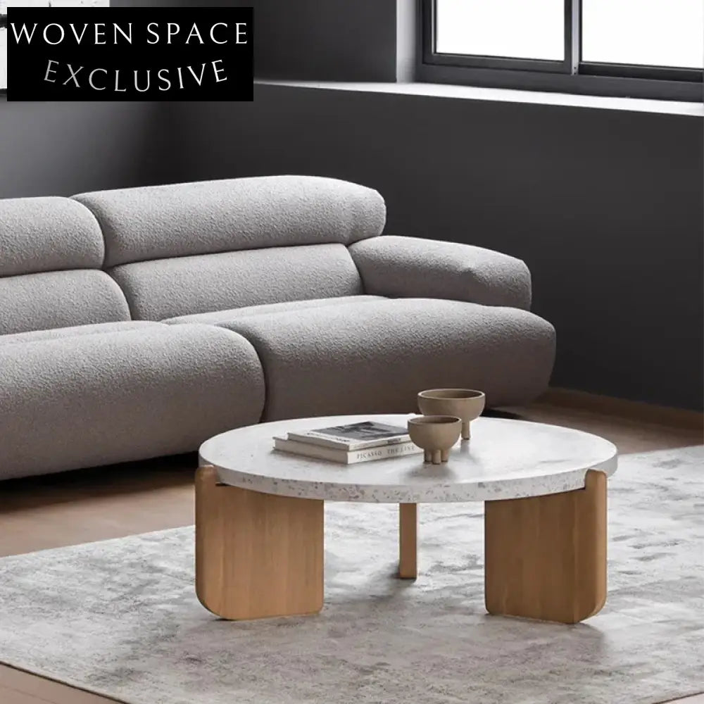 Modern Italian Minimalist Terrazzo Top Oak Wood Living Room Coffee Table
