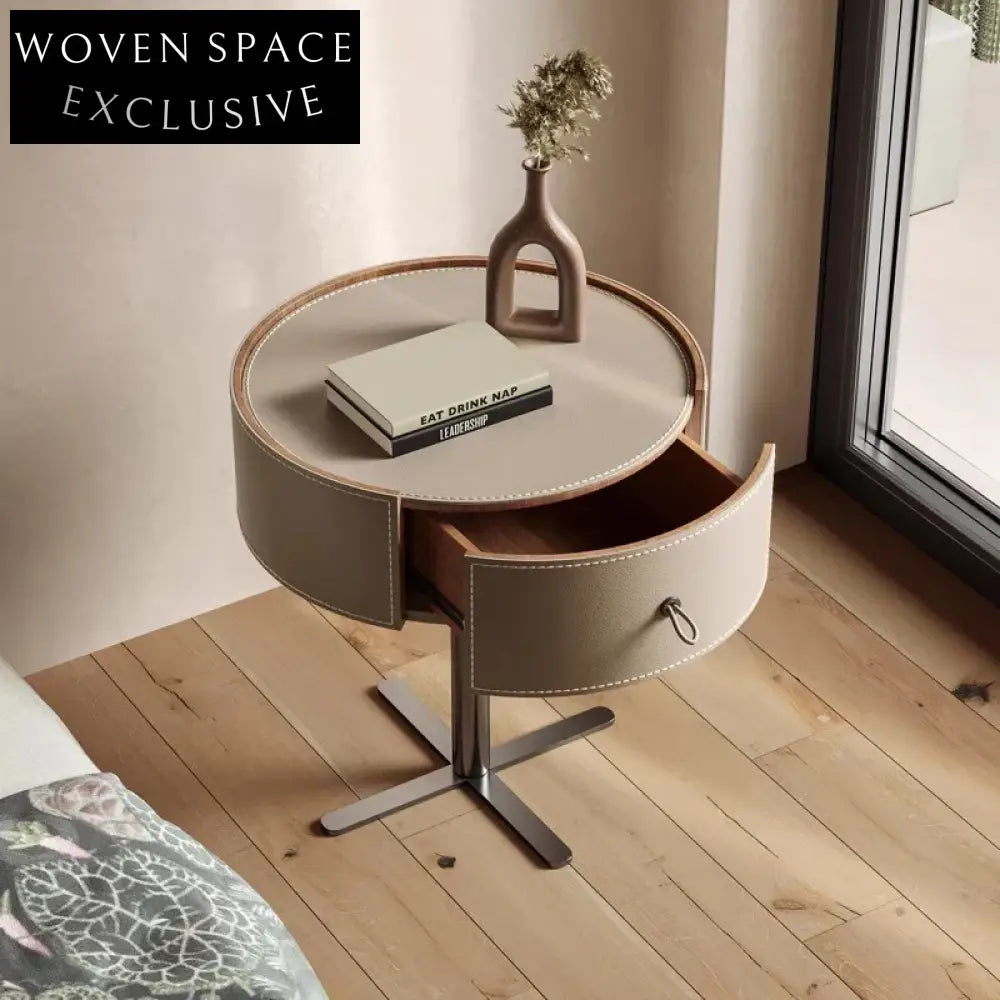 Modern Italian Saddle Leather Round Bedside Table with Storage Nightstand