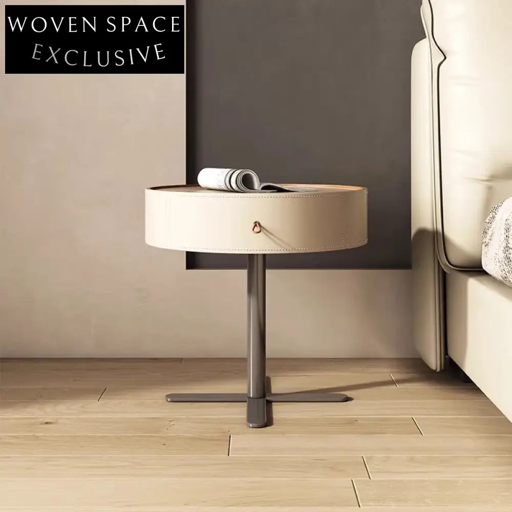 Modern Italian Saddle Leather Round Bedside Table with Storage Nightstand