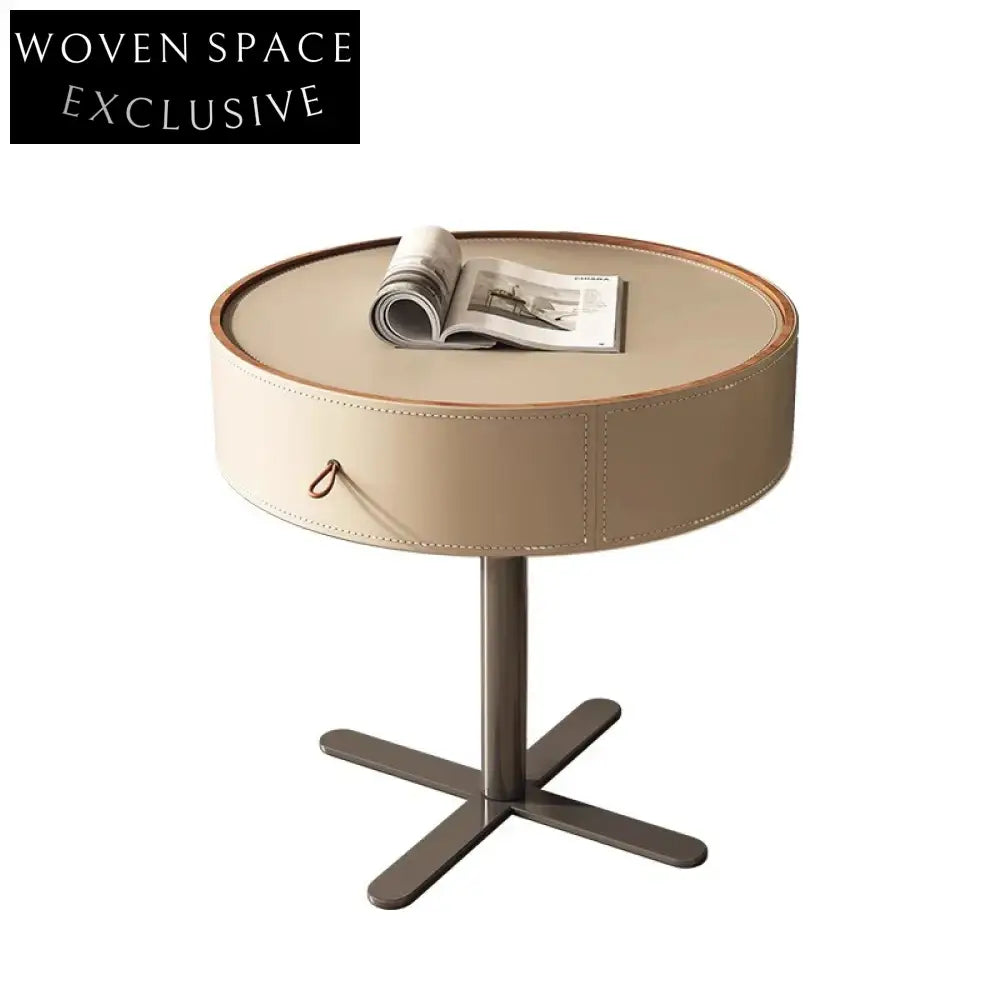 Modern Italian Saddle Leather Round Bedside Table with Storage Nightstand