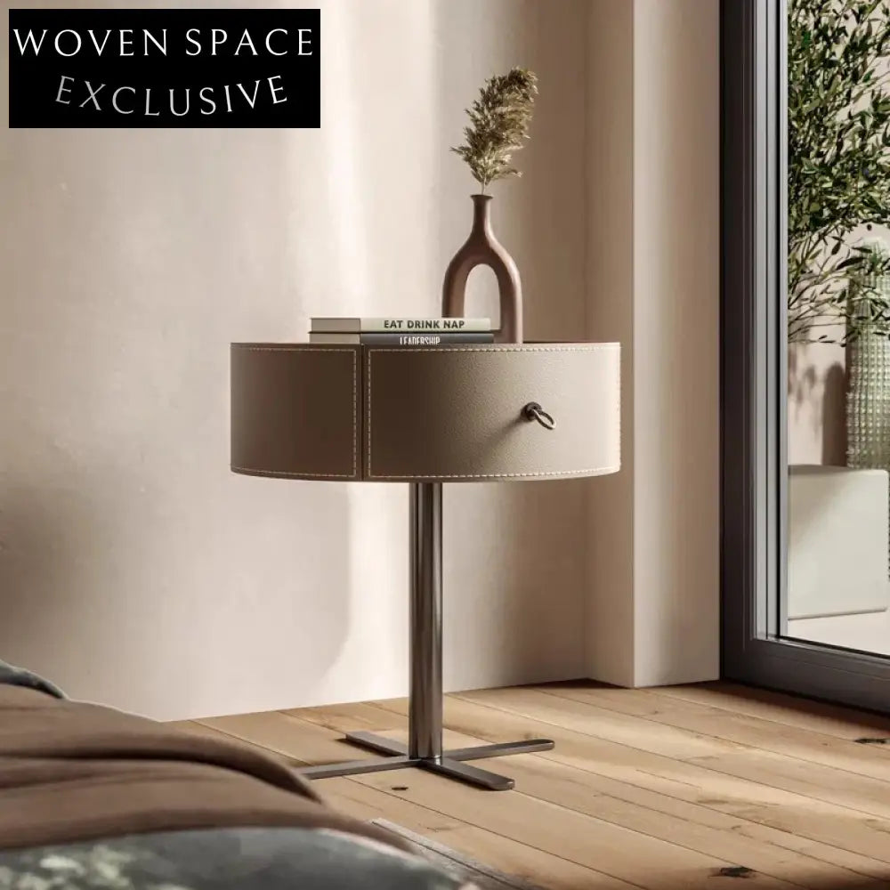 Modern Italian Saddle Leather Round Bedside Table with Storage Nightstand