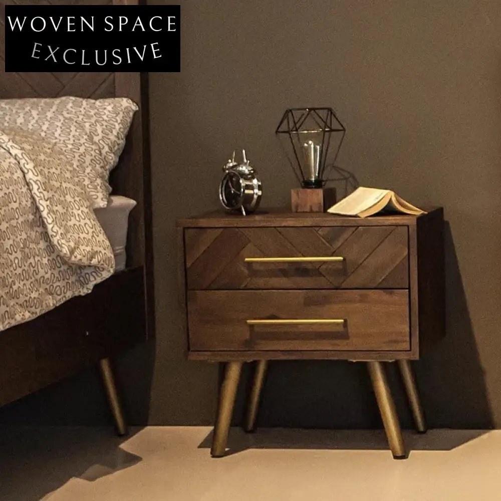 Modern Italian Solid Wood Frame Nightstand with 2 Drawers, Bedroom Table